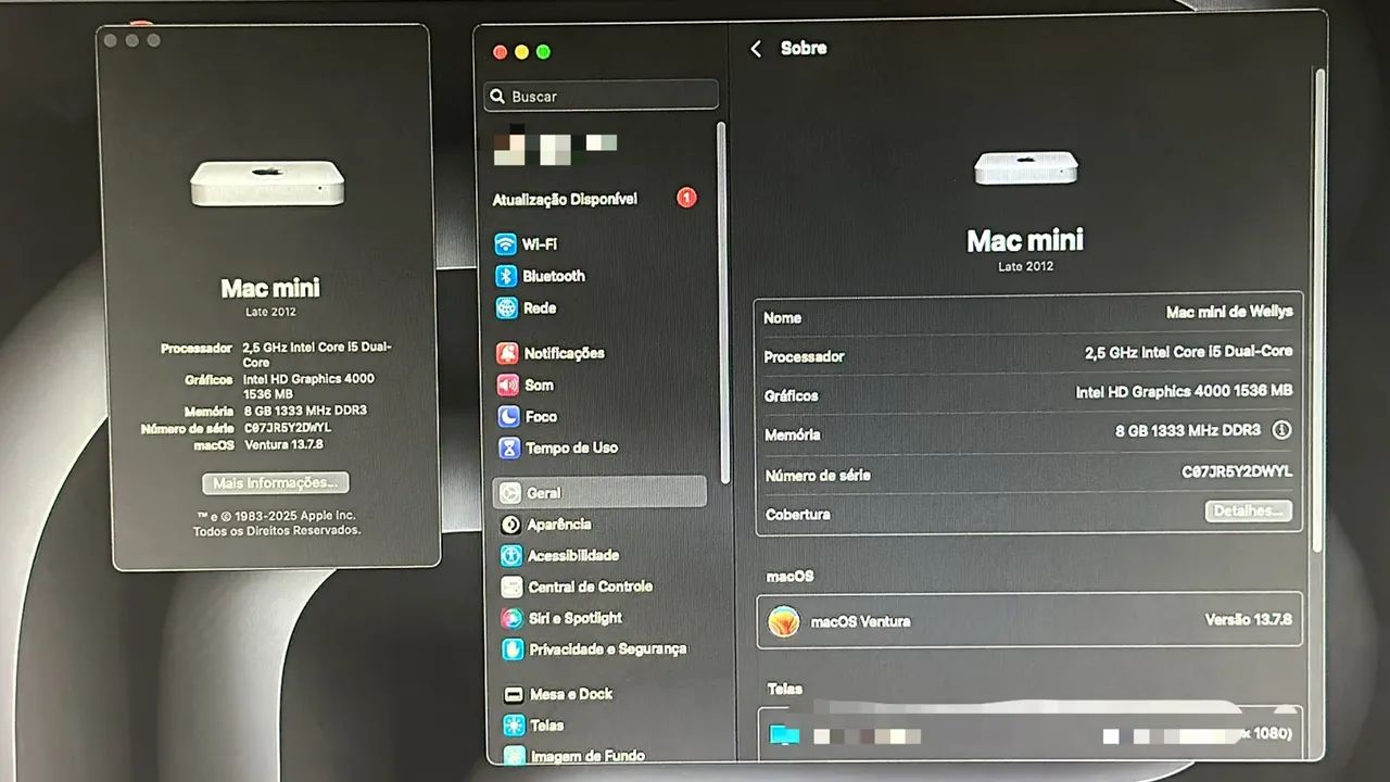 Mac Mini 2012 i5 8gb 1Tb SSD Ventura - Computadores e Desktops