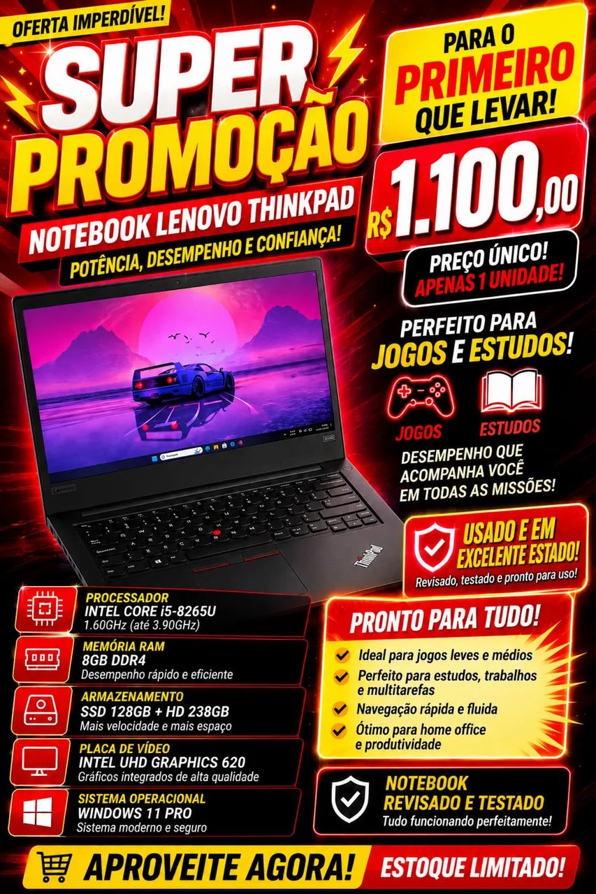 NOTEBOOK Thinkpad! Ótimo estado ( novinho) PROMOÇÃO COM IMPRESSÃO DIGITAL ? 