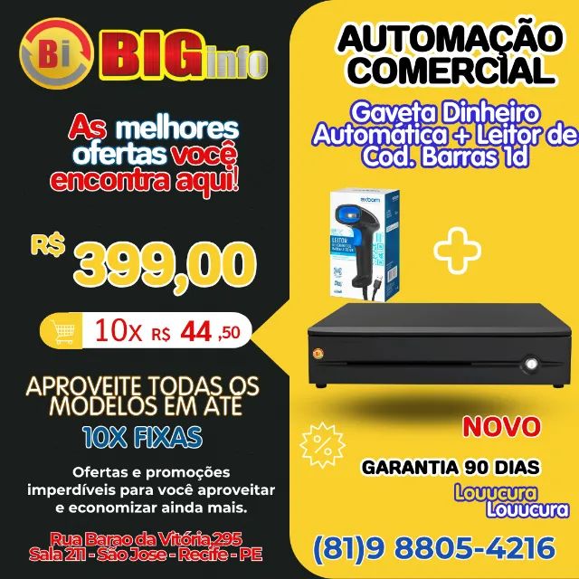 Gaveta Dinheiro Abertura Automática E Manual + Leitor Cod Barras 1D - Em ate 10x Fixas 