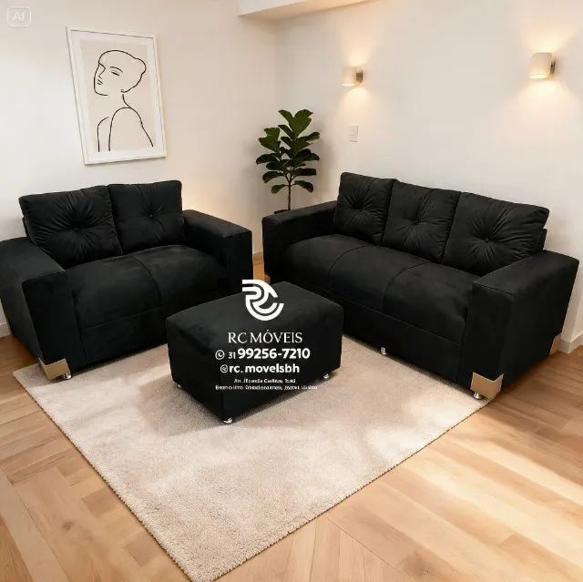 Conjunto Sofá 2 e 3 Lugares Puff Suede Marrom D33 Resistente - Foto 5