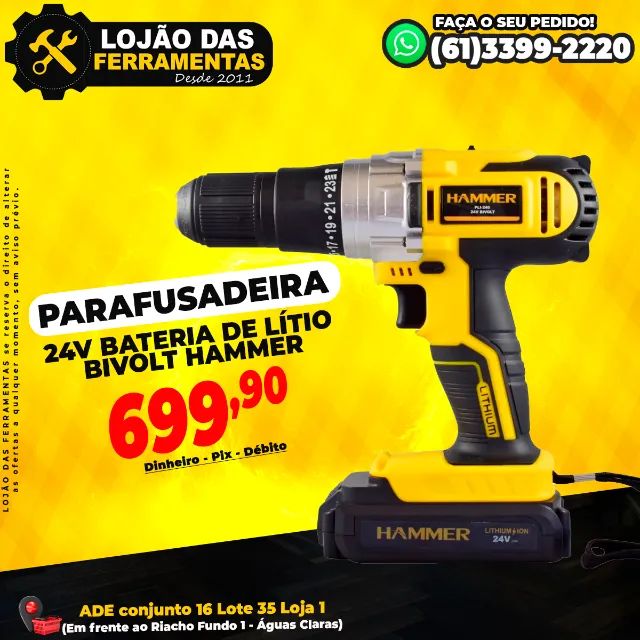 Parafusadeira 24v Bateria de Lítio Bivolt Hammer