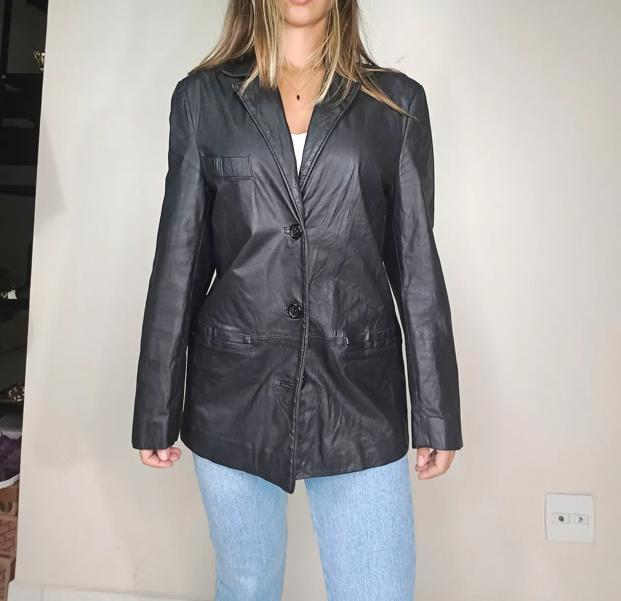 Jaqueta Blazer de Couro legítimo preto Tam G