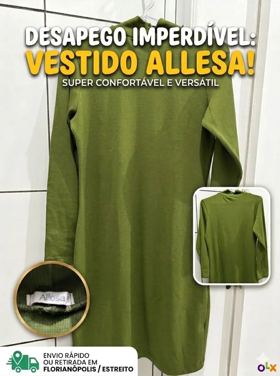 Vestido Curto Manga Longa Canelado Verde