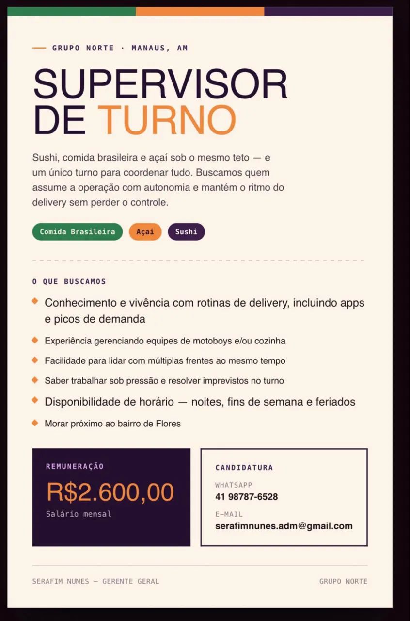Vaga para Supervisor (a) de Turno