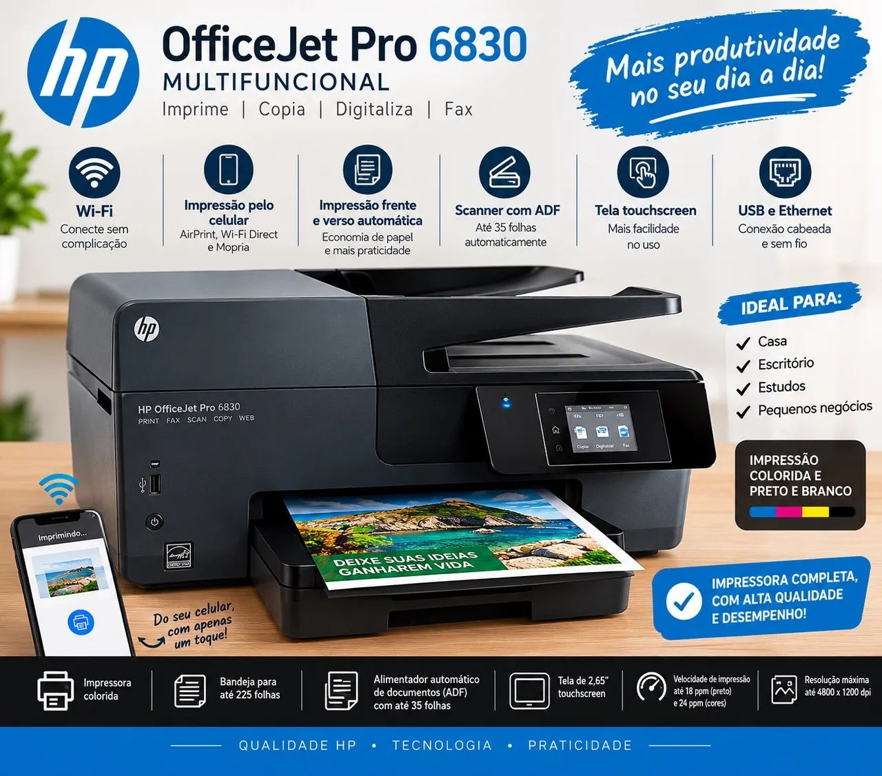 Multifuncional prof. HP OfficeJet Pro 6830 c/ WiFi, fax