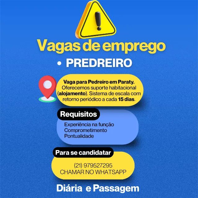 Pedreiro Especializado - Local: Paraty | Sistema 15x15 com Alojamento