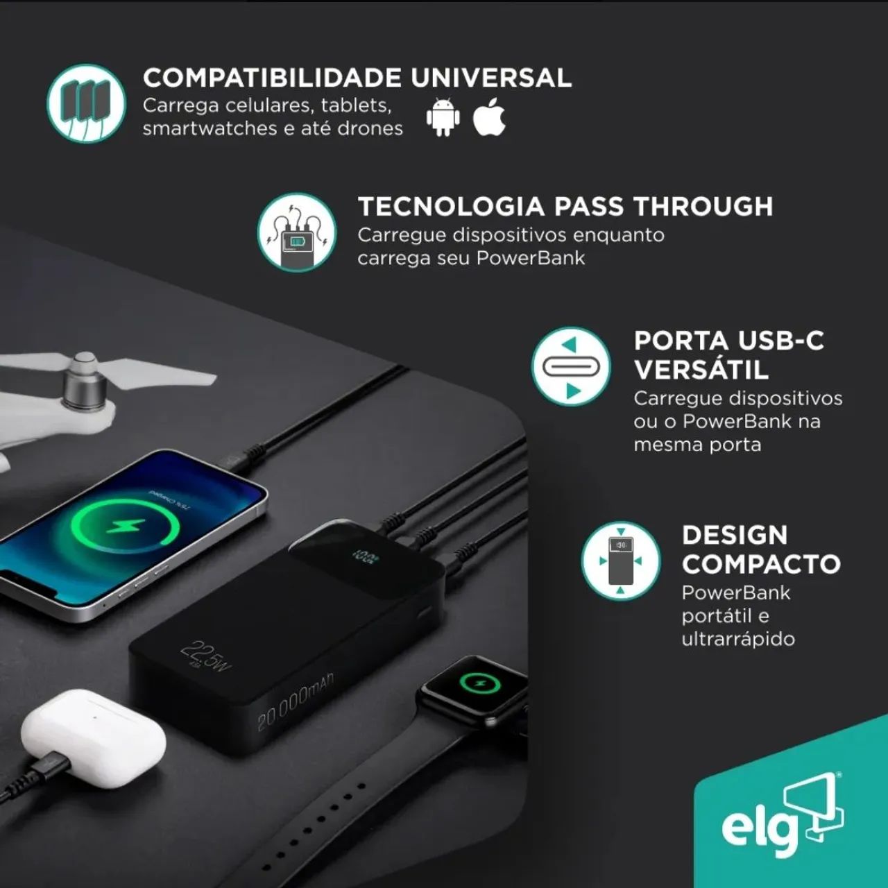 Power Bank ELG PRO 20.000mAh Original Turbo 22,5W Display Digital USB-C PD - Foto 5