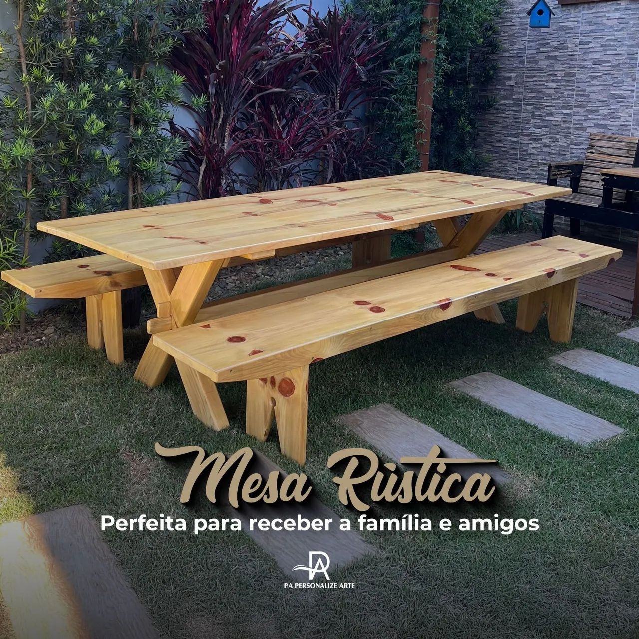 Mesa rústica de madeira com bancos - Foto 4