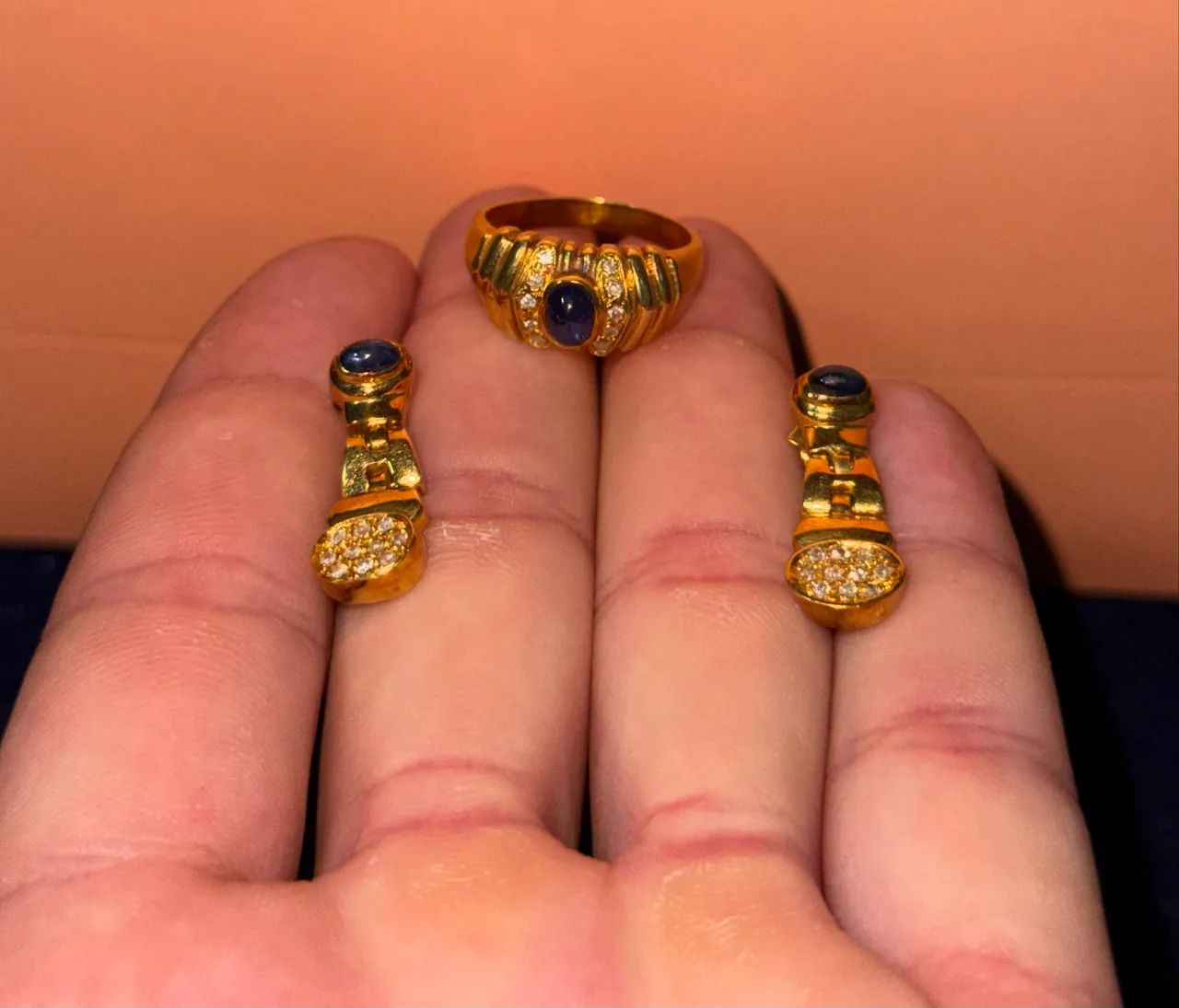 Anel e Brincos De Ouro 18k Com Safira Luxuoso!   - Foto 2
