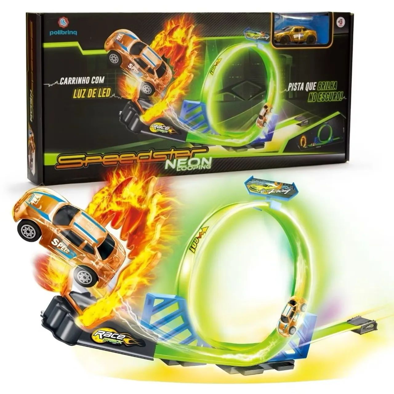 Pista de Carrinhos Brinquedo Speedster Neon Looping Com Luz LED Brilha No Escuro