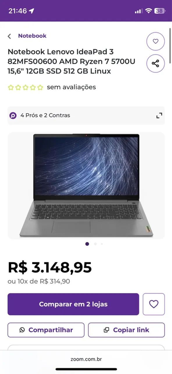 Notebook Lenovo IdeaPad 3 82MFS00600 AMD Ryzen 7 5700U 15,6'' 12GB SSD 512 GB Linux