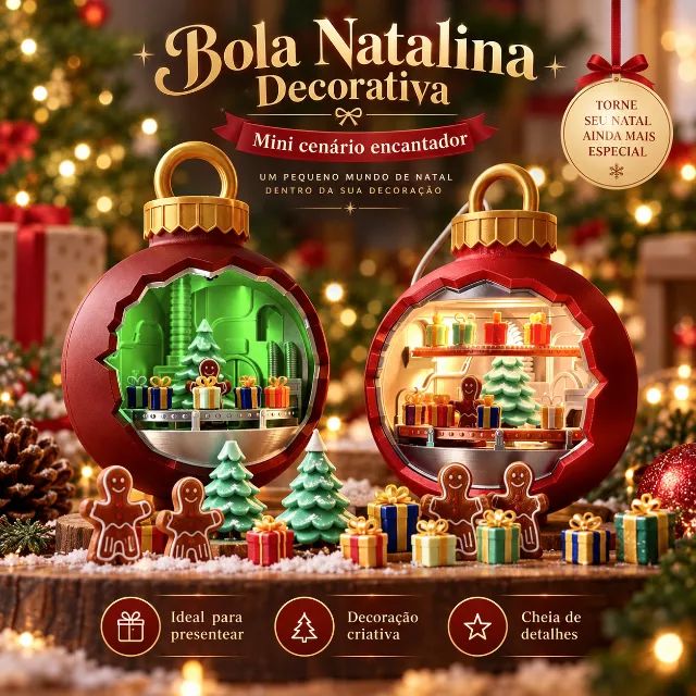 Bola Natalina Decorativa com Mini Cenário de Natal e Presentes - Foto 3