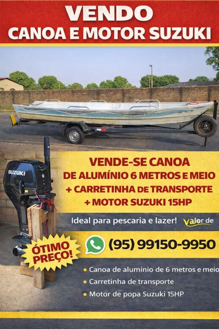Vende-se canoa de alumínio 6.50m + Motor 15 + Carretinha de transporte