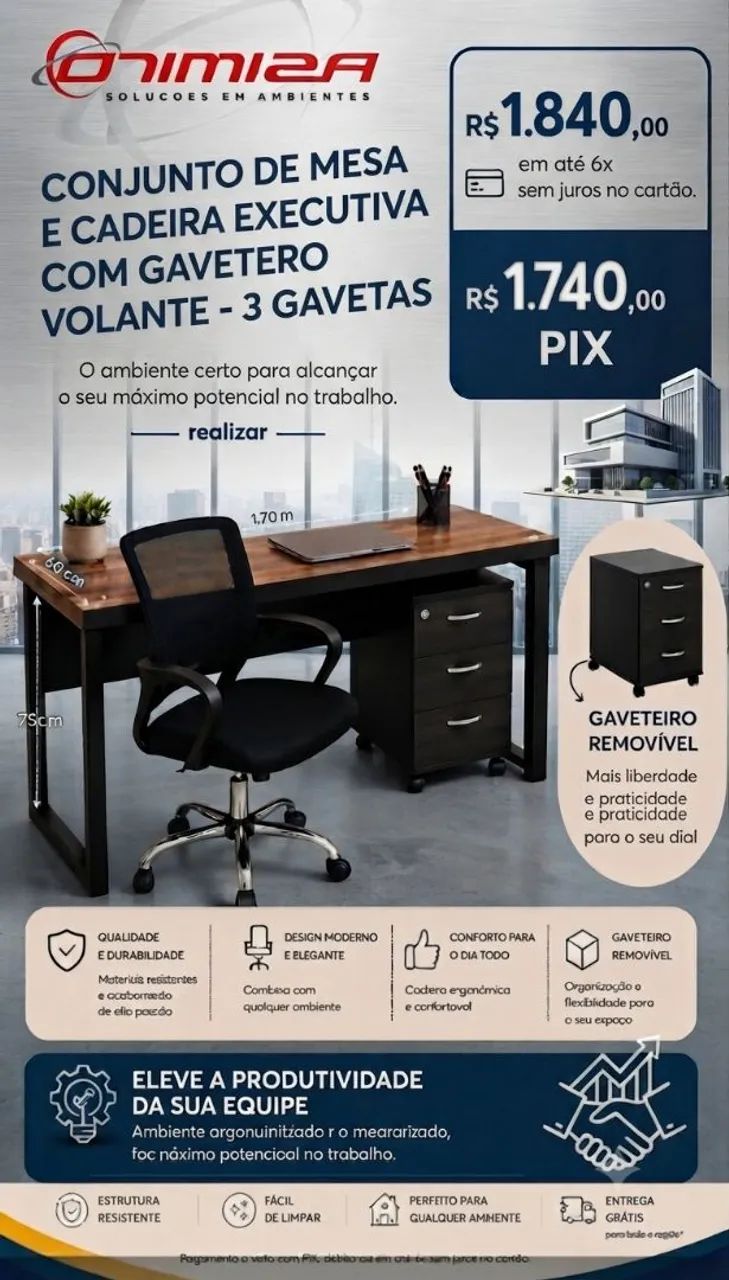Conjunto de Mesa e Cadeira Executiva com Gaveteiro Volante 