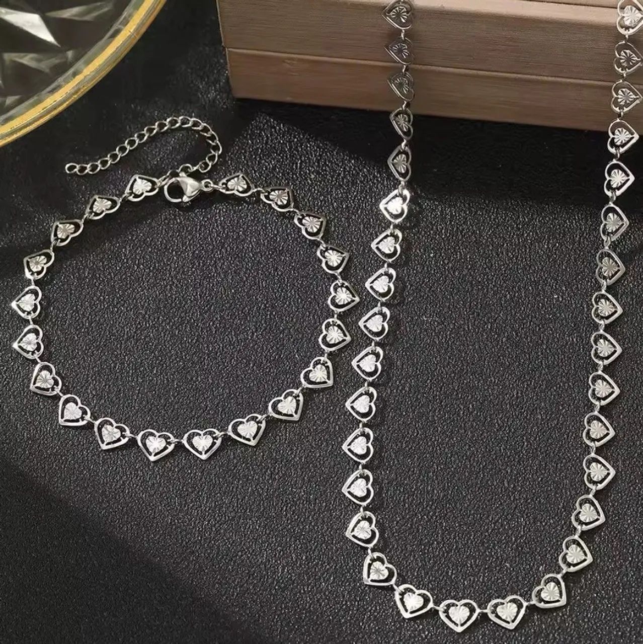 Conjunto feminino colar e pulseira de coração em aço inoxidável  - Foto 3