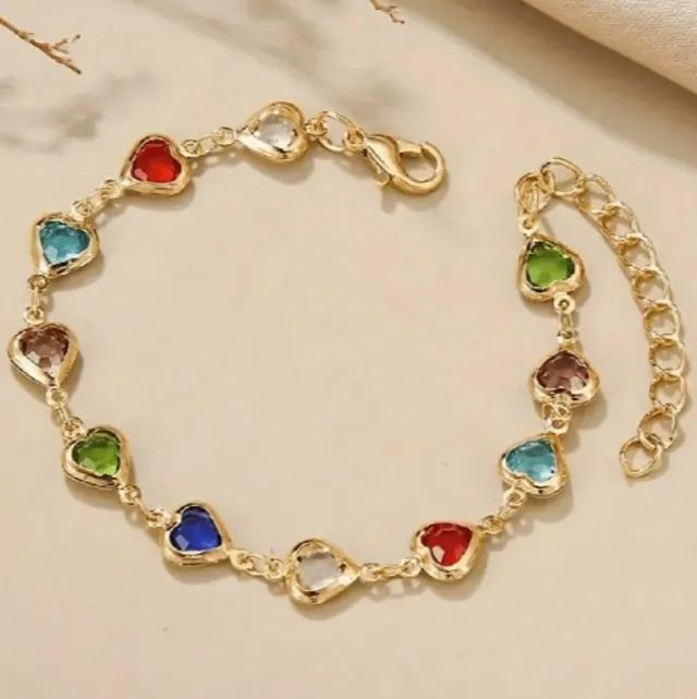 pulseira corações coloridos. dourada. nova!