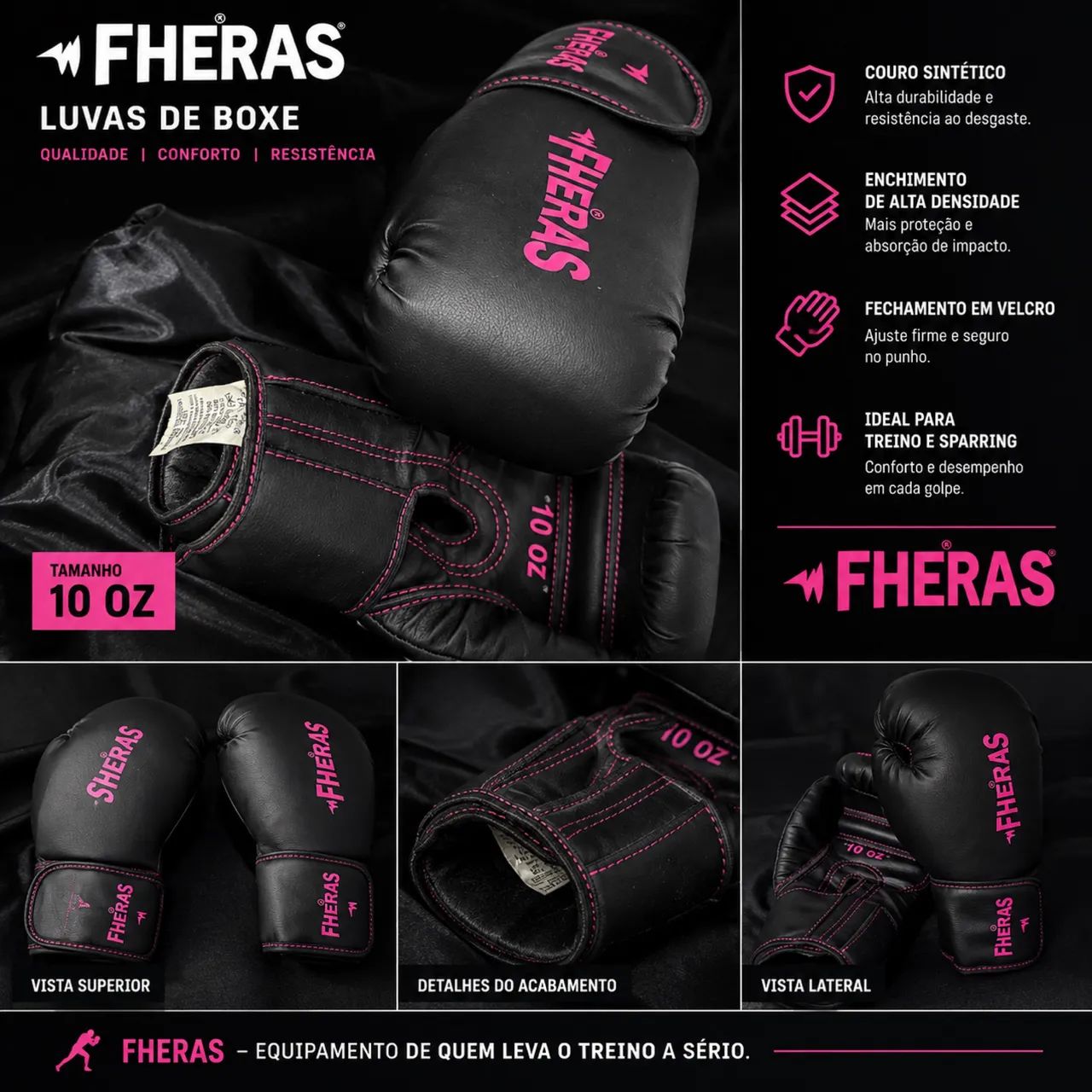 Luva de Boxe Fheras 10 OZ - Preta/Rosa - Praticamente Nova