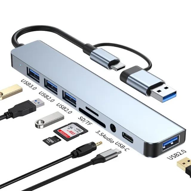 Adaptador Hub Tipo-C 8 em 2 Multifuncional com Entrada SD e Áudio