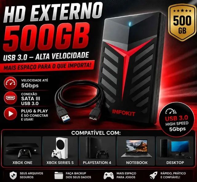 HD Externo 500GB USB 3.0 - Ideal para Xbox, PS4 e PC!