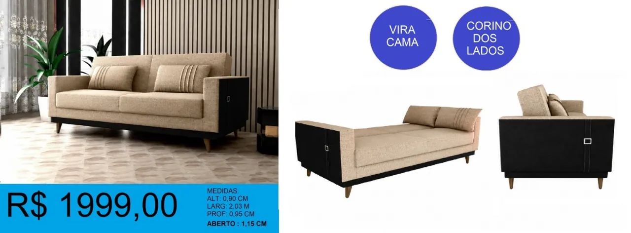 Sofá cama em linho com detalhe em corino -  entrega gratuita!