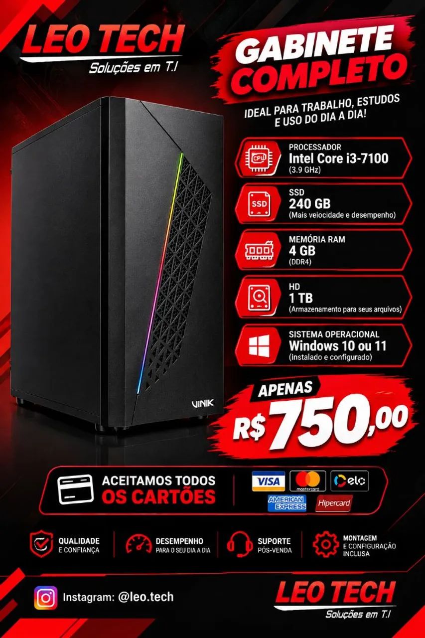 Gabinete completo i3 SSD e HD 1TB 