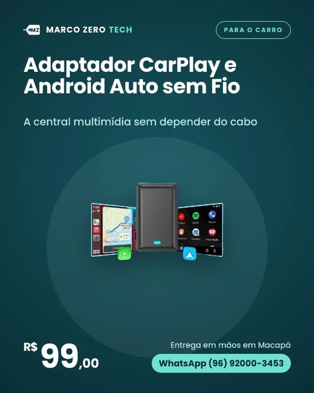 Adaptador CarPlay e Android Auto sem Fio