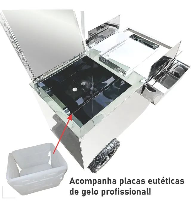 Carrinho De Açai Dindin Gourmet Picolé Com Guarda-sol Inox  + 2 Kit Placa Gel de Gelo - Foto 2