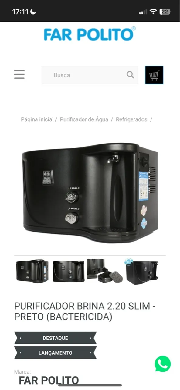 Purificador de Água Brina 2.20 Slim - Preto (Bactericida)