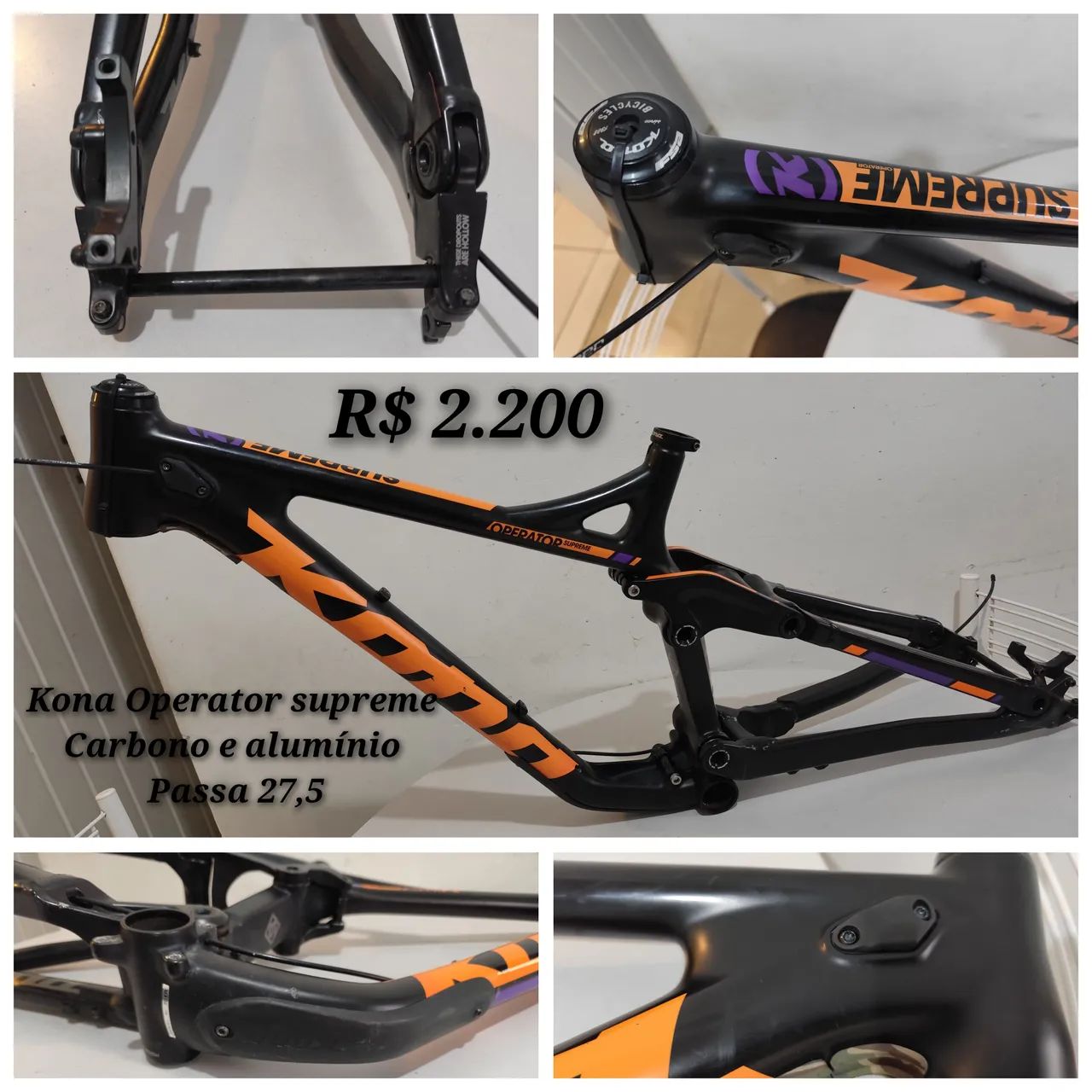 Quadro Kona Operator Supreme DH- Passa 27,5, carbono e alumínio, Tam M