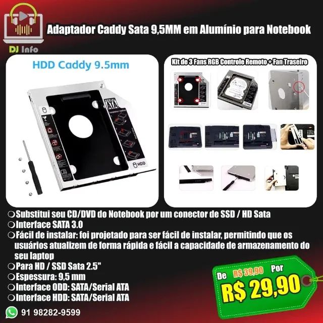 Adaptador Caddy Sata 9,5MM em Alumínio para Notebook