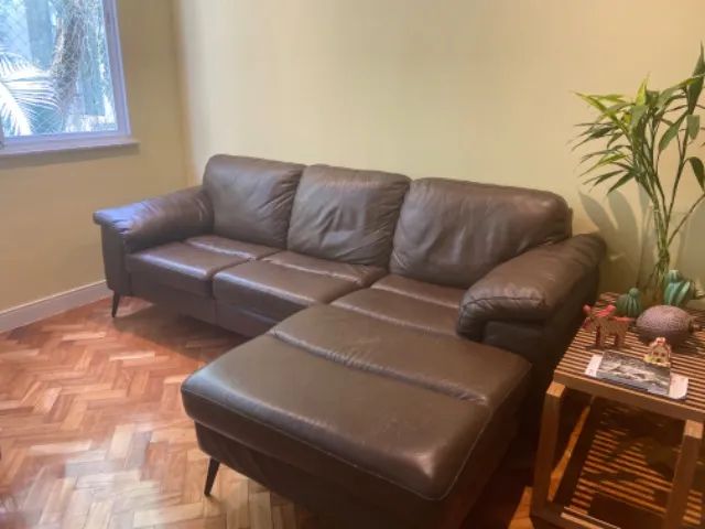 Sofá de 3 lugares em couro original, marrom, com chaise
