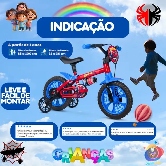 Bicicleta Infantil Homem Aranha Aro 12 Com Rodinhas e Garrafinha Nathor Crianças (Azul e - Foto 4