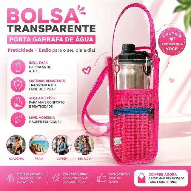 Bolsa Porta Garrafa 1L Transparente PVC Cristal com Alça Regulável e Zíper - Porta Squeeze