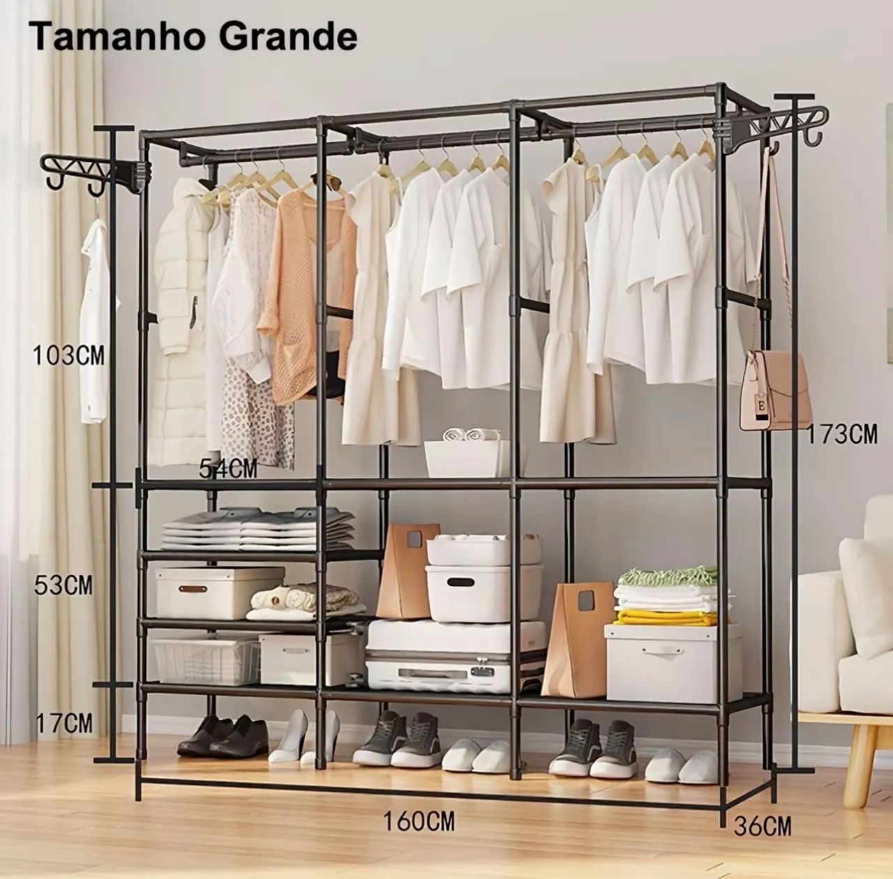 Arara de Roupas Grande Mini Closet 160cm com Prateleiras - Nova