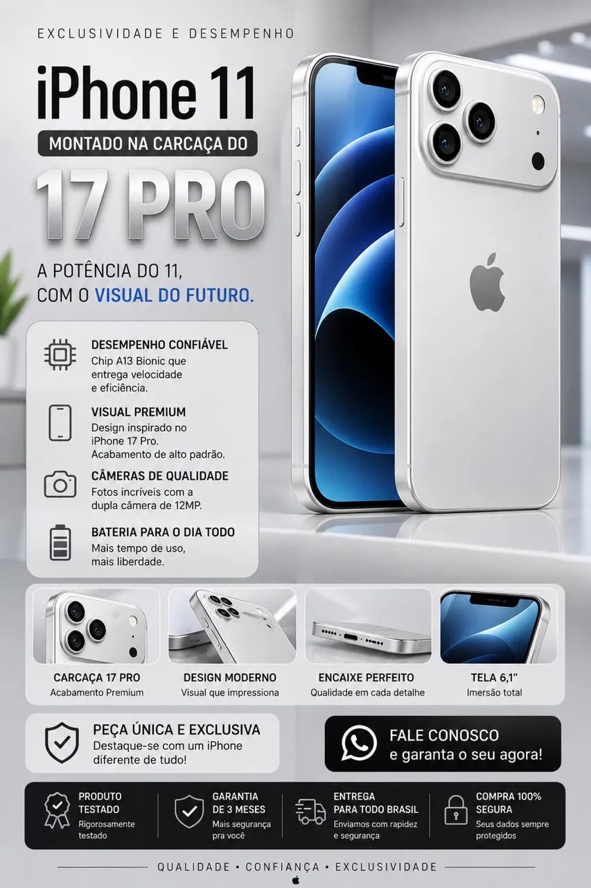 ? iPhone 11 na Carcaça 17 Pro Silver ? Visual Premium e Exclusivo! ?