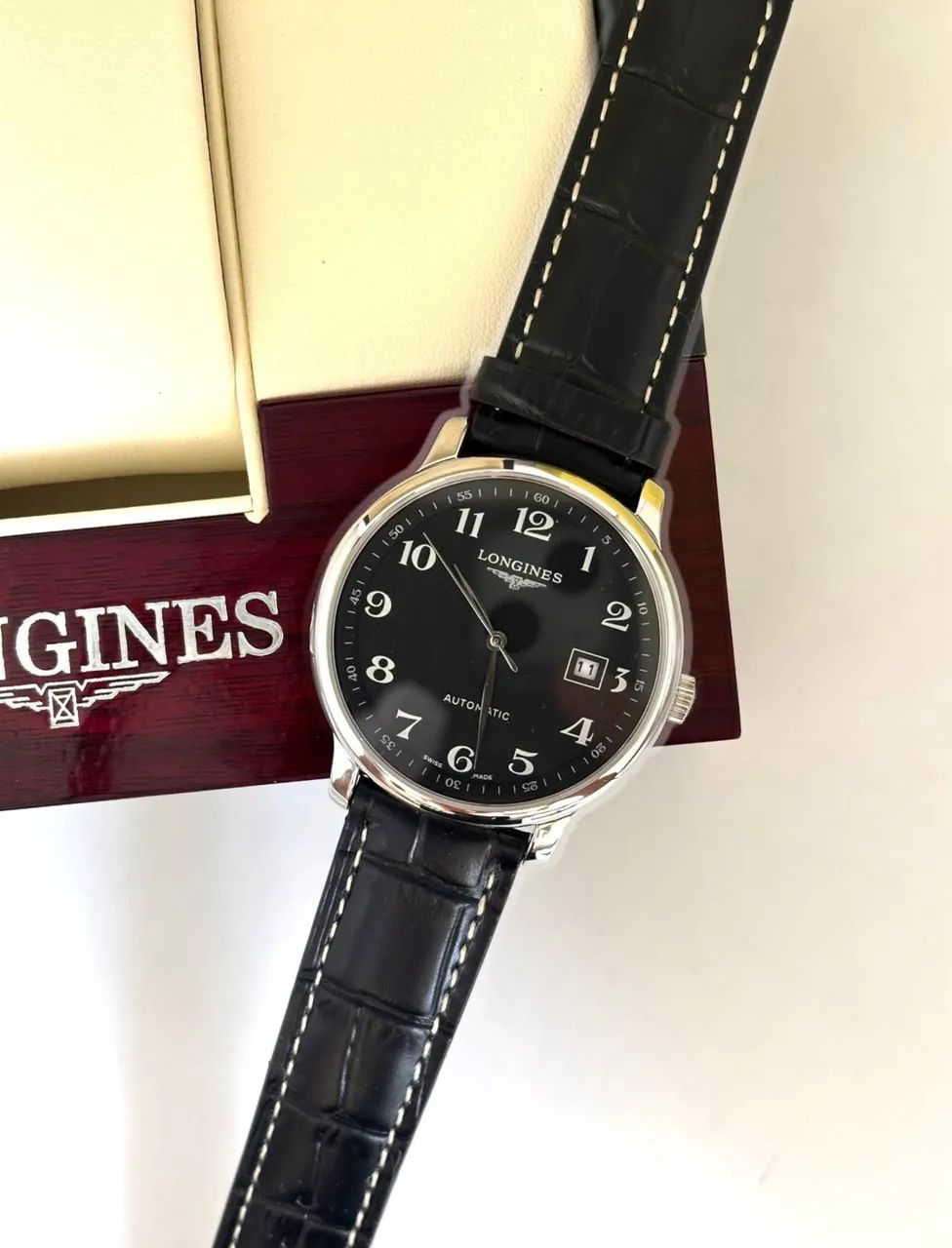 Relógio Masculino - Longines - Couro Preto - Automático - Fundo Transparente - Prem AAA+