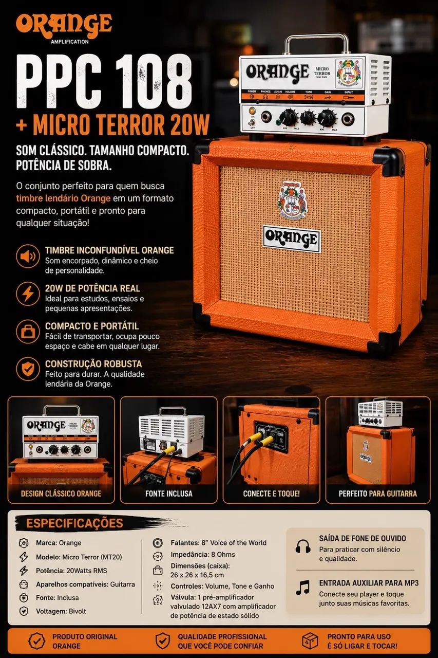 Orange Microterror (Amplificador Orange PPC 108 + Cabeçote Micro Terror 20w)