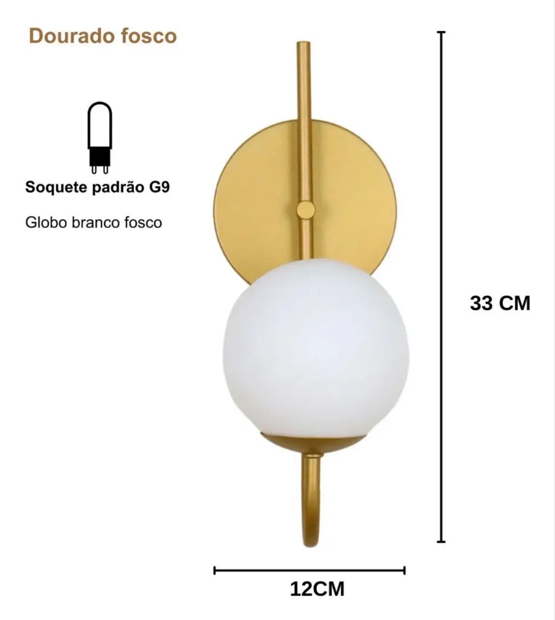 Kit 2 Arandelas Curva Globo 12 Jabuticaba Dourado Fosco - Foto 3