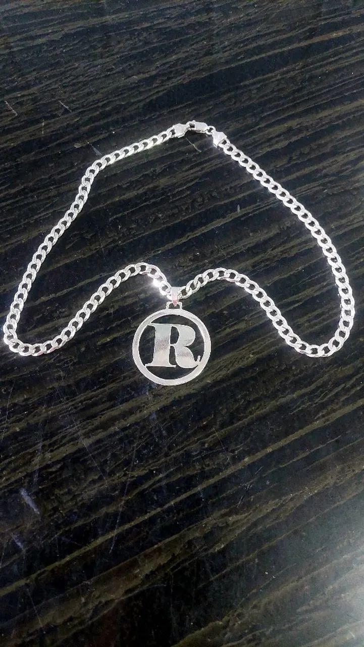CORDÃO PRATA 925K MACIÇO COM PINGENTE LETRA R