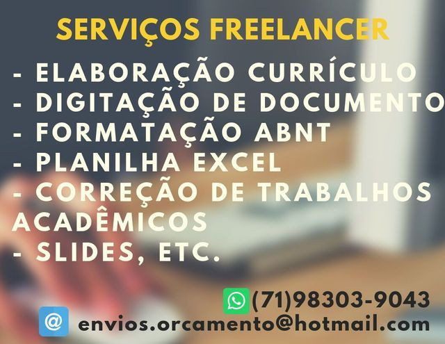 (71) Elaboração de currículo, Formatação ABNT, Digitação, Slides, Banner, Excel etc