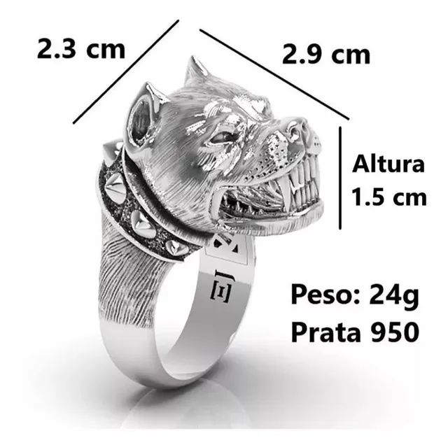 Pingente + anel Pitbull 3D prata maciça 950