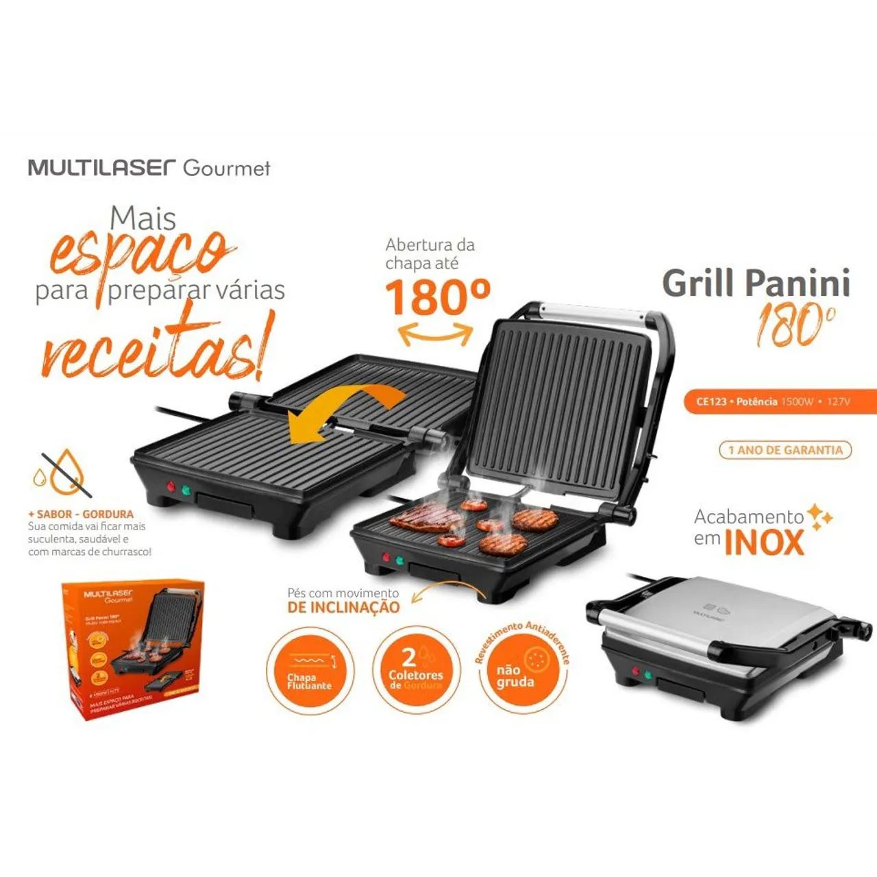 Grill Panini Com Abertura 180° 220v 1500w Multilaser Ce123