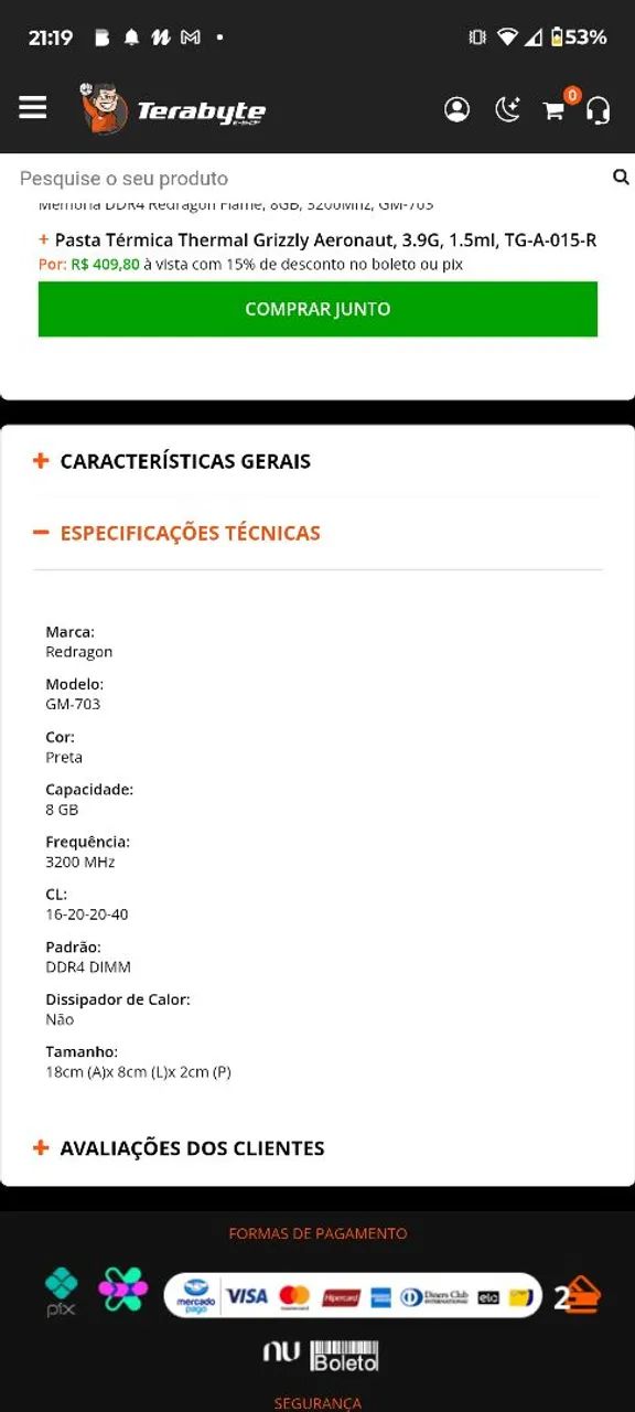 Memória RAM 8gb - CL16 - 3200Mhz64842050921473122