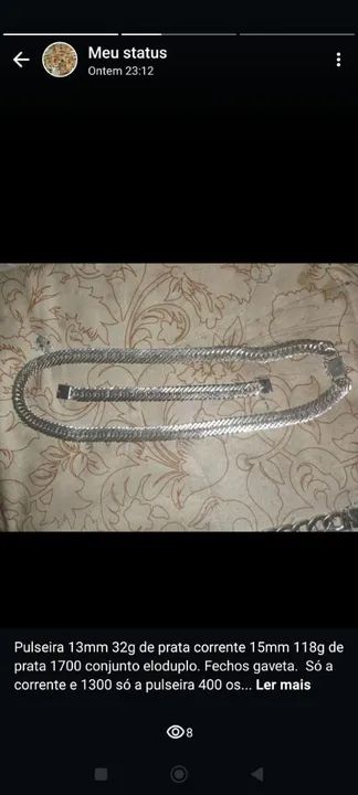 1700 o conjunto ,só a corrente de prata 15 mm 1300 e só a pulseira 400 