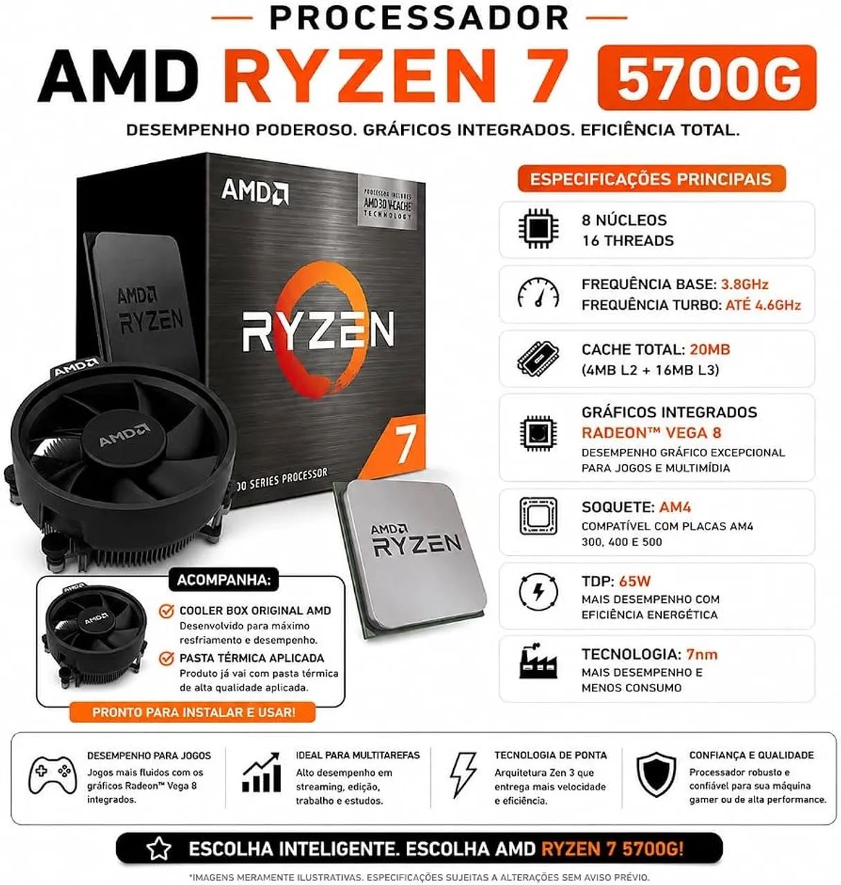 Processador Ryzen 7 5700G + Caixa + cooler 