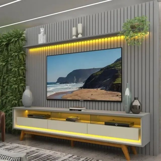 ? RACK COM PAINEL RIPADO 230CM PARA TV ATÉ 85 POLEGADAS COM LED E 3 GAVETAS - FRETE GRÁTI - Foto 2