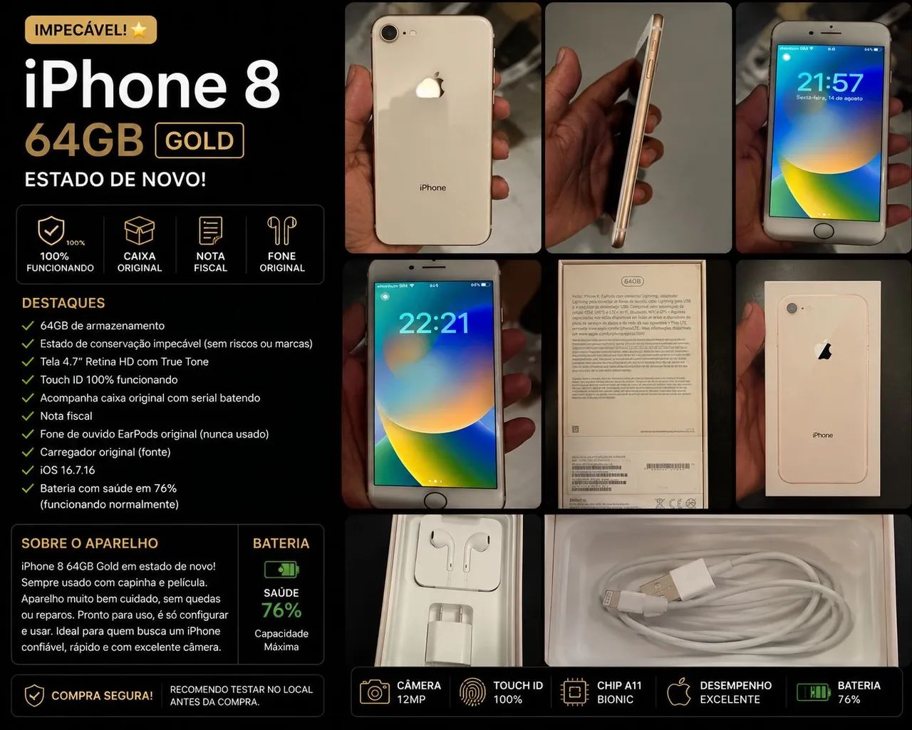 iPhone 8 64GB Gold Impecável + Caixa + Nota Fiscal + Fone Original