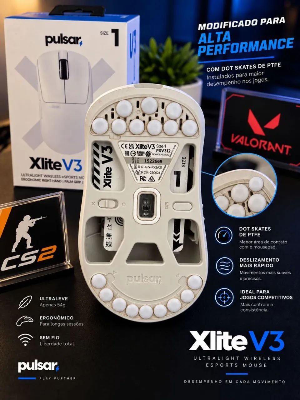 Pulsar Xlite V3 Size 1 + Dot Skates | CS2 / Valorant Mouse Gamer - Foto 5