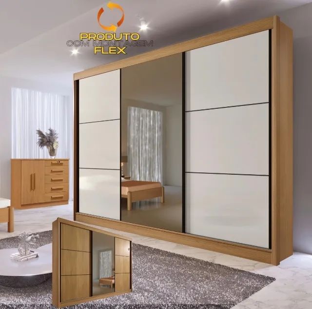 Guarda-Roupa Platinum 3 Portas de Correr Cinamomo com Off White