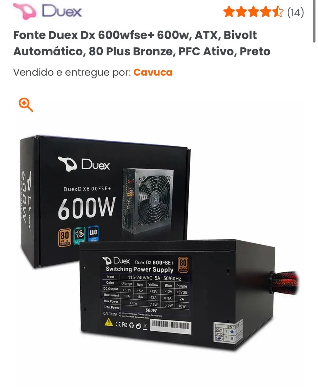 Fonte 600w 80plus - Bronze